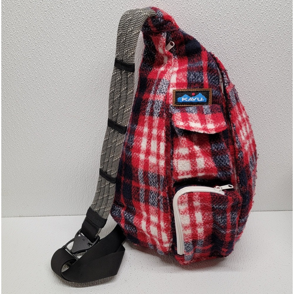 KAVU Plaid Rope Bag Sling Crossbody Backpack Travel Bag Lumberjack Red Flannel